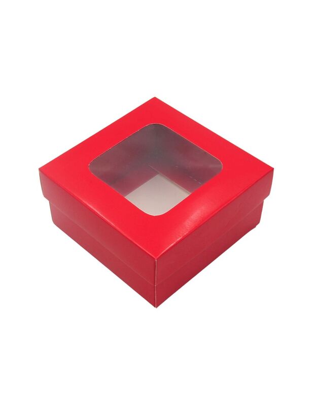10x10x5 cm. Raudona dovanų dėžutė su langeliu