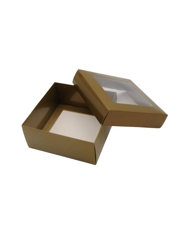 12,5x12,5x5,5 cm. Auksinė dovanų dėžutė su langeliu