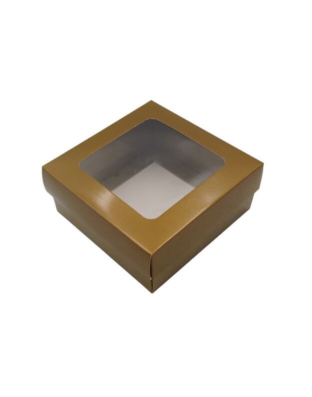 12,5x12,5x5,5 cm. Auksinė dovanų dėžutė su langeliu
