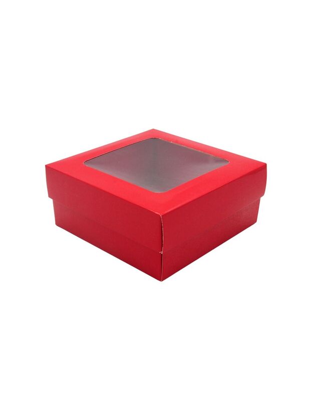12,5x12,5x5,5 cm. Raudona dovanų dėžutė su langeliu