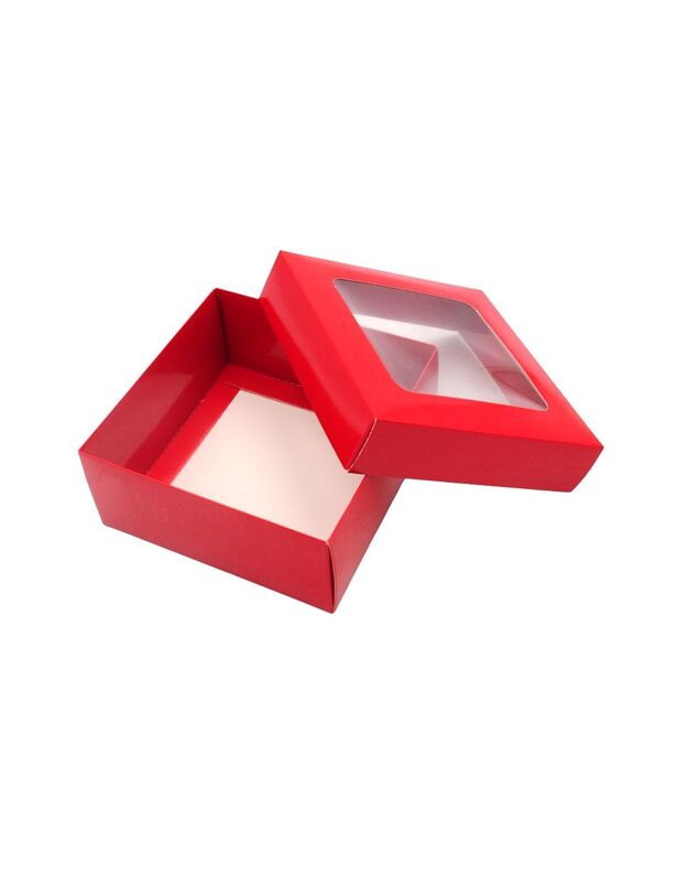 12,5x12,5x5,5 cm. Raudona dovanų dėžutė su langeliu