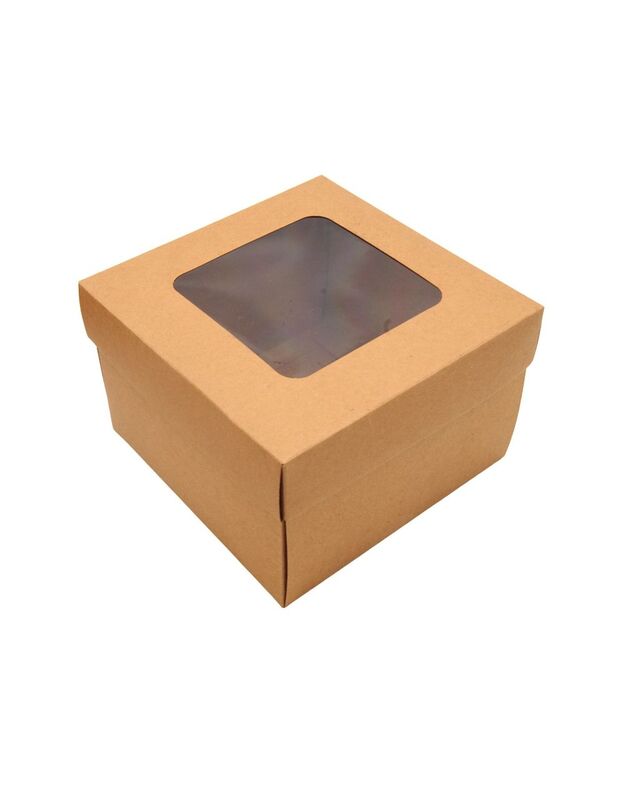 15x15x10 cm. Ruda dovanų dėžutė su langeliu