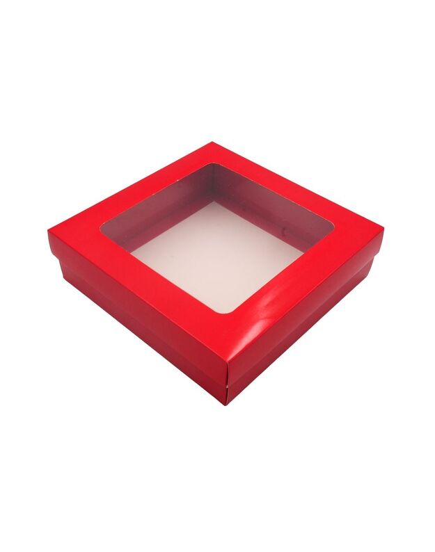 21x21x6 cm. Raudona dovanų dėžutė su langeliu