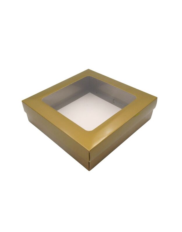 21x21x6 cm. Auksinė dovanų dėžutė su langeliu