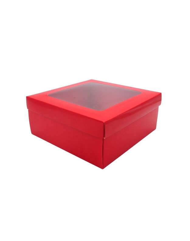 21x21x9 cm. Raudona dovanų dėžutė su langeliu