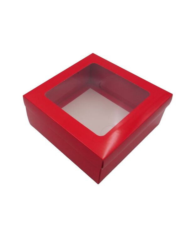 21x21x9 cm. Raudona dovanų dėžutė su langeliu