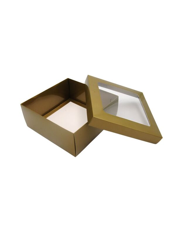 21x21x9 cm. Auksinė dovanų dėžutė su langeliu