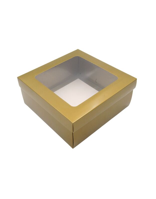 21x21x9 cm. Auksinė dovanų dėžutė su langeliu