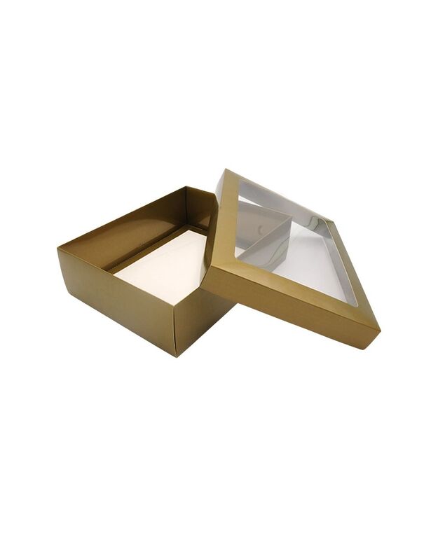 28x21x8 cm. Auksinė dovanų dėžutė su langeliu