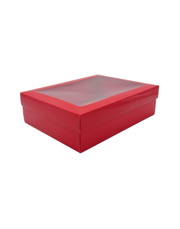 28x21x8 cm. Raudona dovanų dėžutė su langeliu