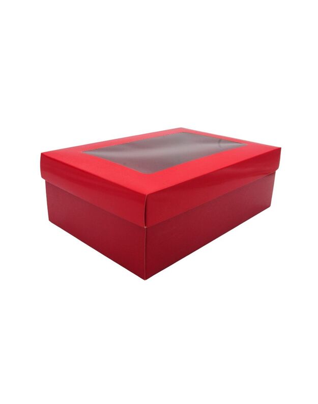 32x22x11 cm. Raudona dovanų dėžutė su langeliu