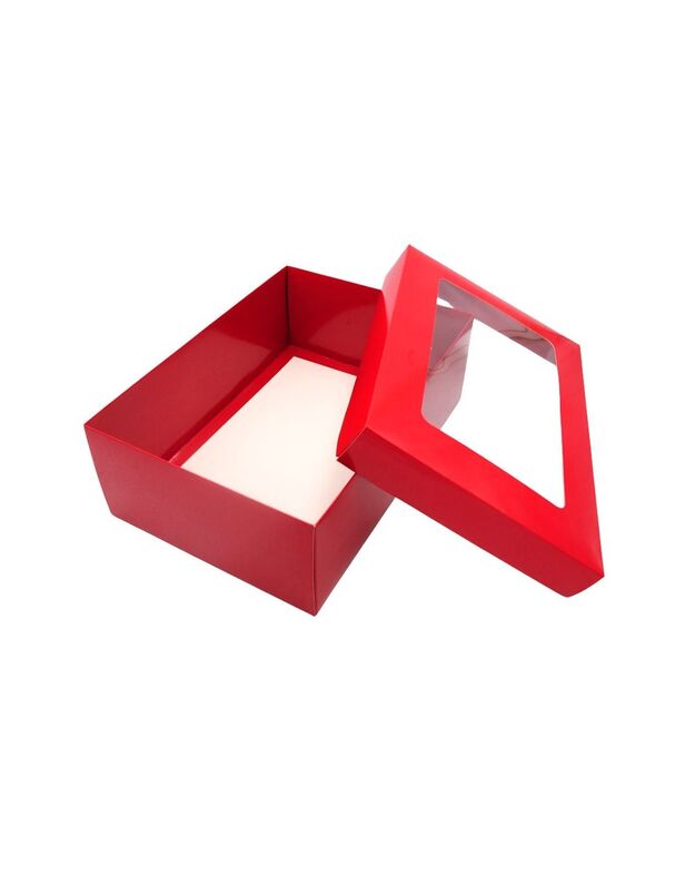 32x22x11 cm. Raudona dovanų dėžutė su langeliu