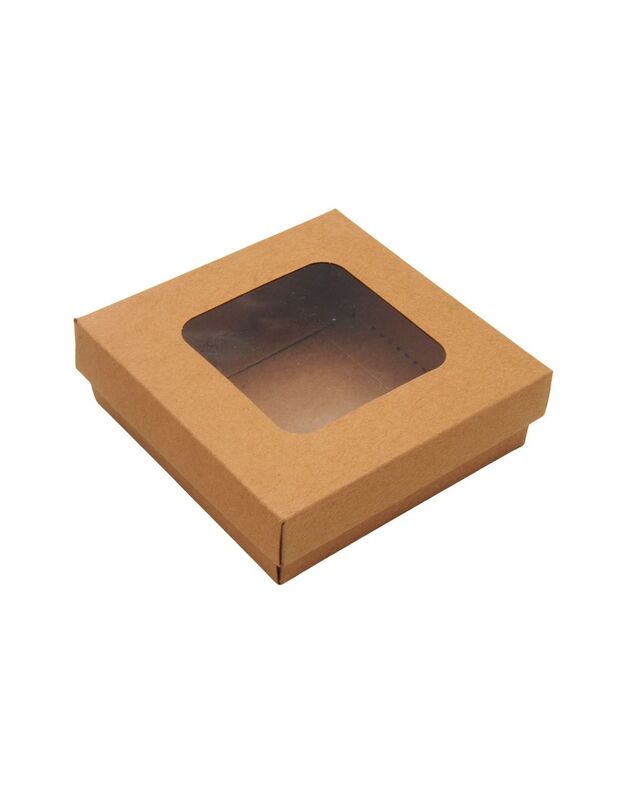 9,5x9,5x3 cm. Ruda dovanų dėžutė su langeliu